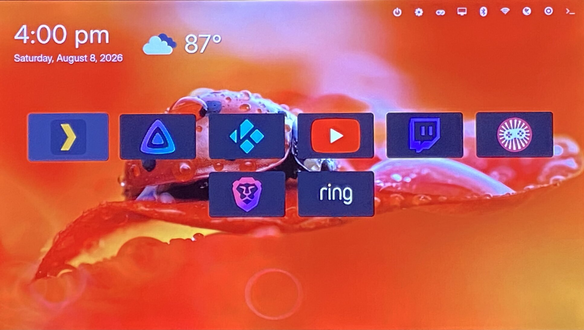 Photo of livingroom TV displaying the Smart Dashboard. A row of rectactular buttons and icons for various streaming services, apps and tools. Orange background photo of a ladybug
