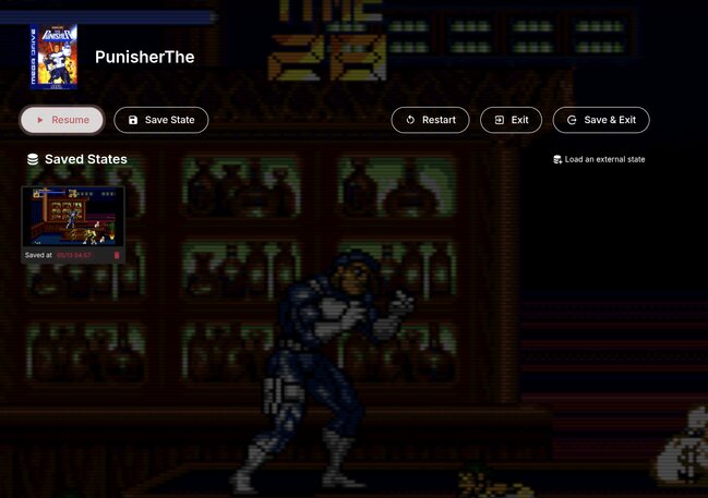 Screenshot of RetroAssembly overlay showing previous game saves and save on the fly